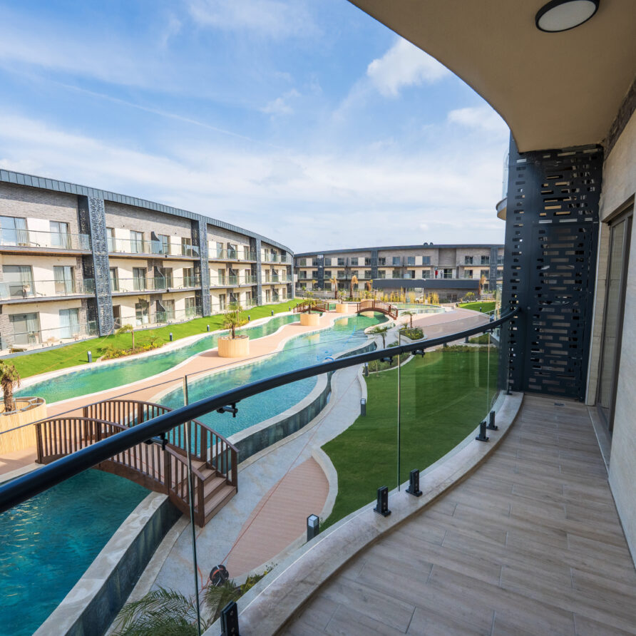 Private balcony with pool view at Holicas Luxury Pool View Suite